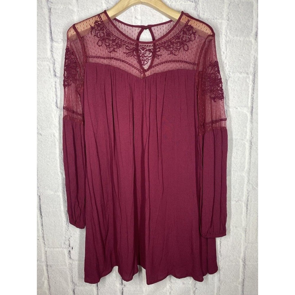 Francesca Blue Rain Sheath Straight Dress‎ Size S Red Burgundy Laced Long Sleeve